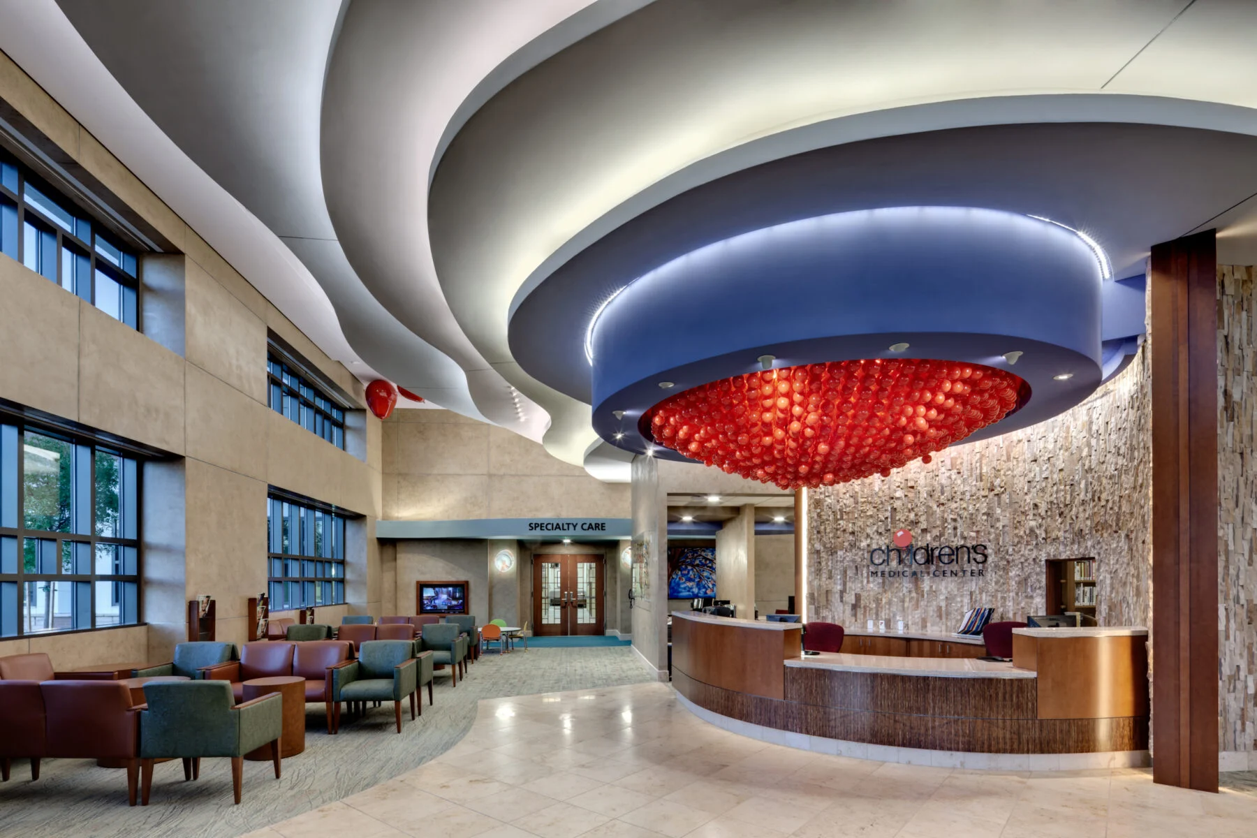 lobby space with custom red art installation