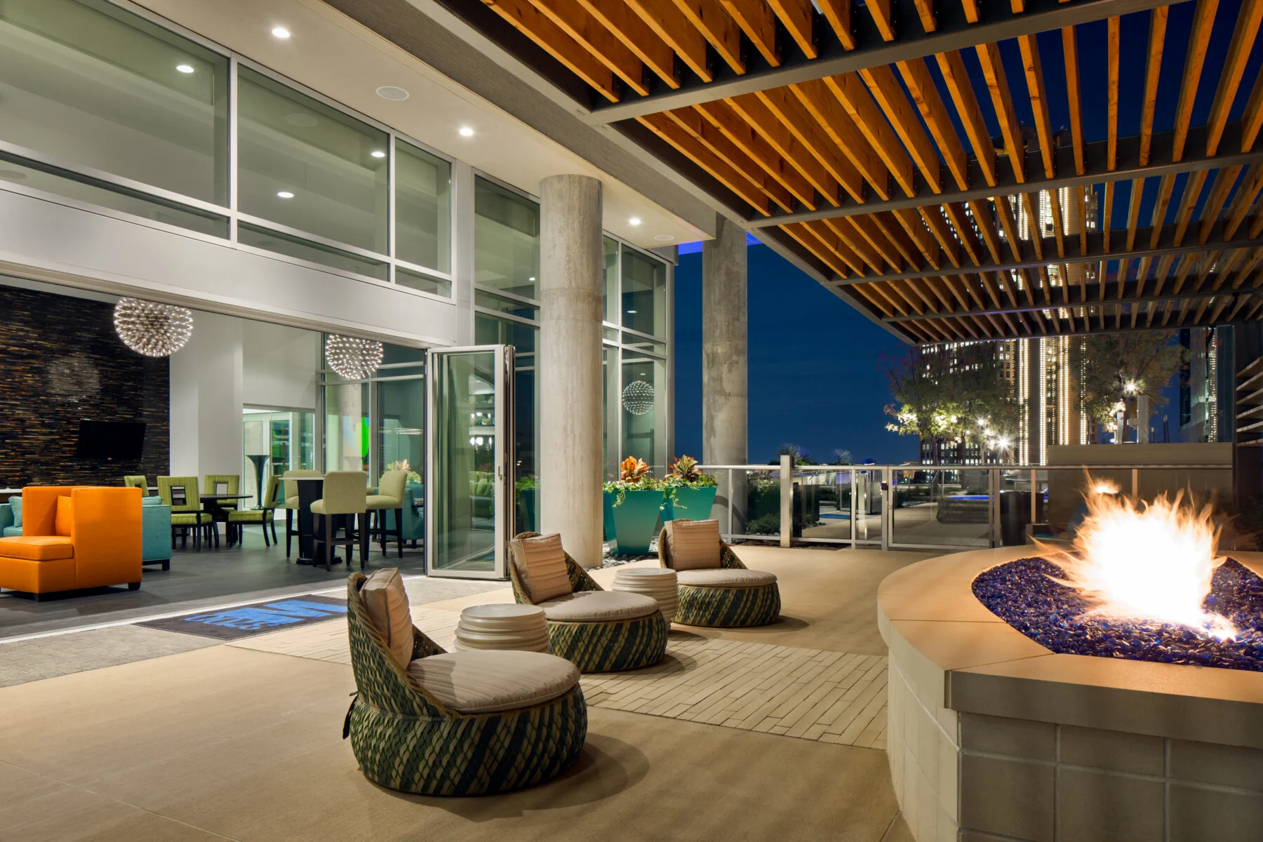 covered out door seating with fire pits