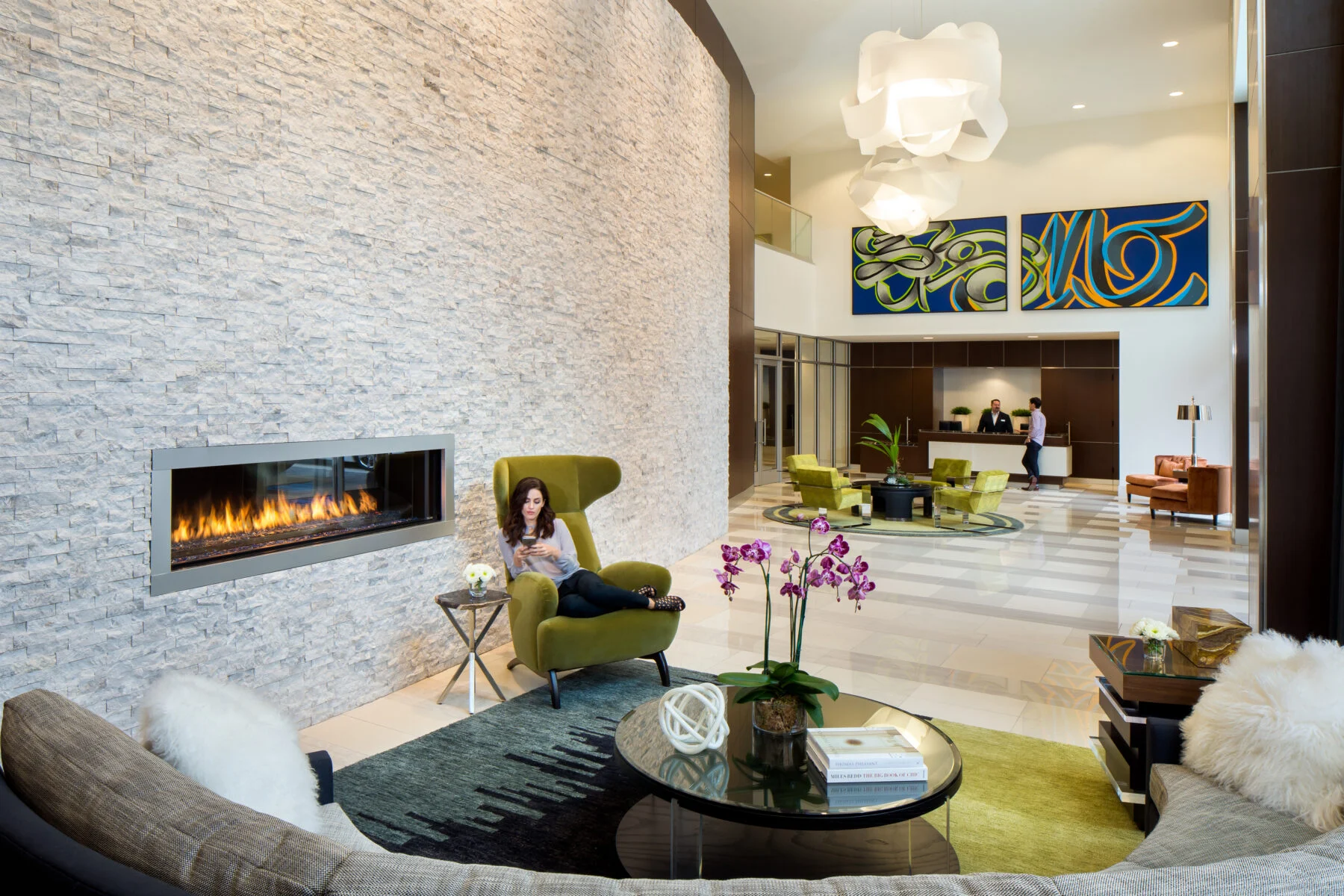 lobby space with fireplace
