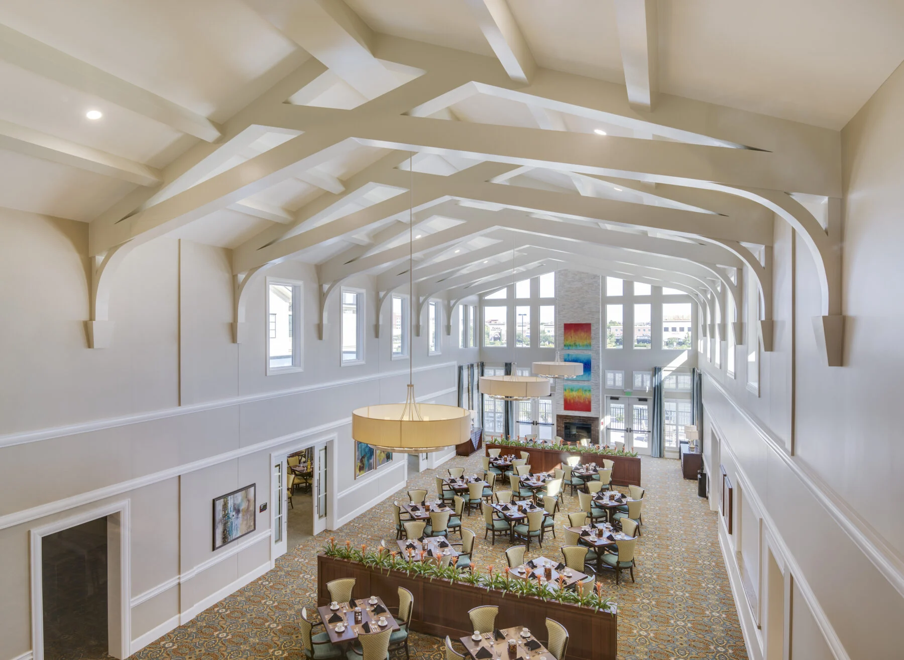 birds eye view of lounge space with custom trusses