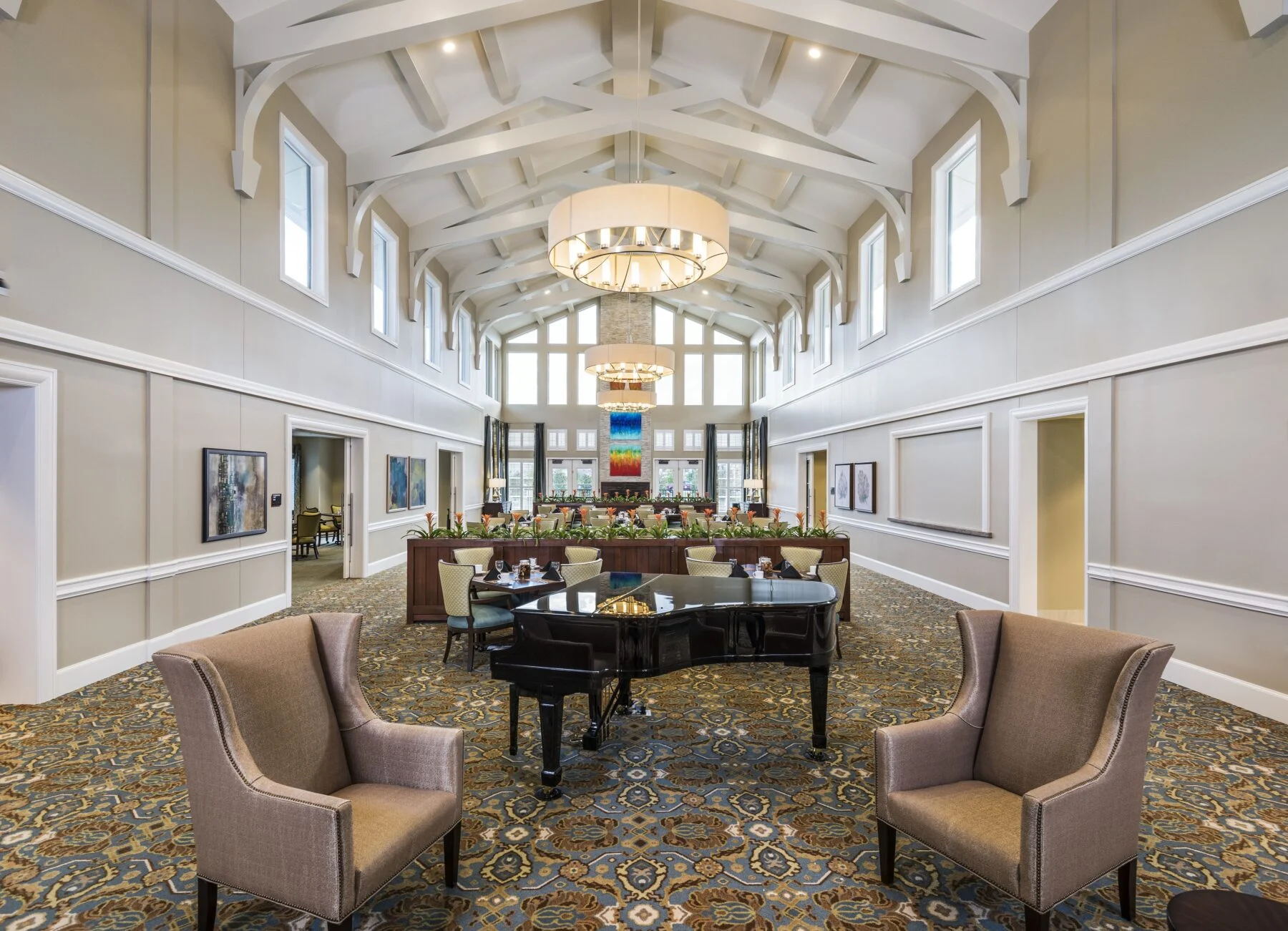 lounge space with custom ceiling decor