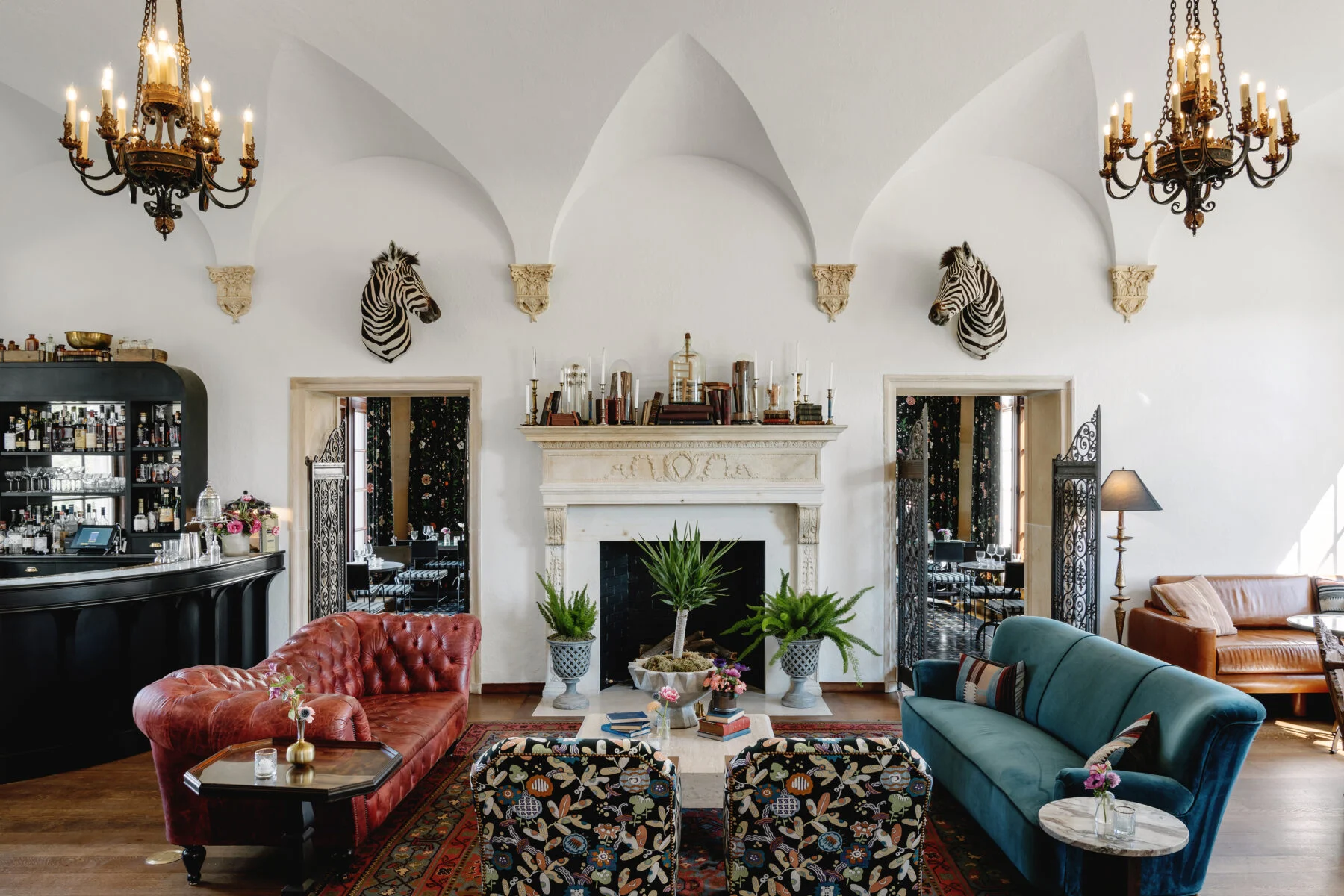 white stone arched with fireplace