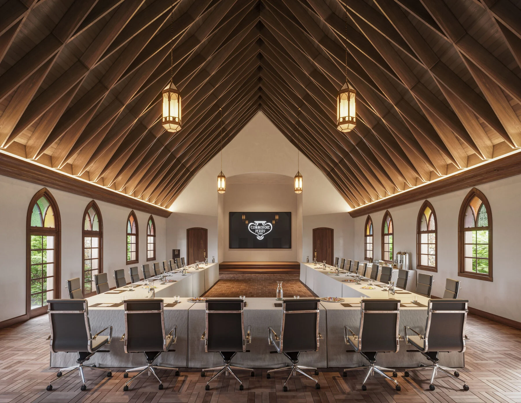 large conference room with custom wood ceiling and rounded windows