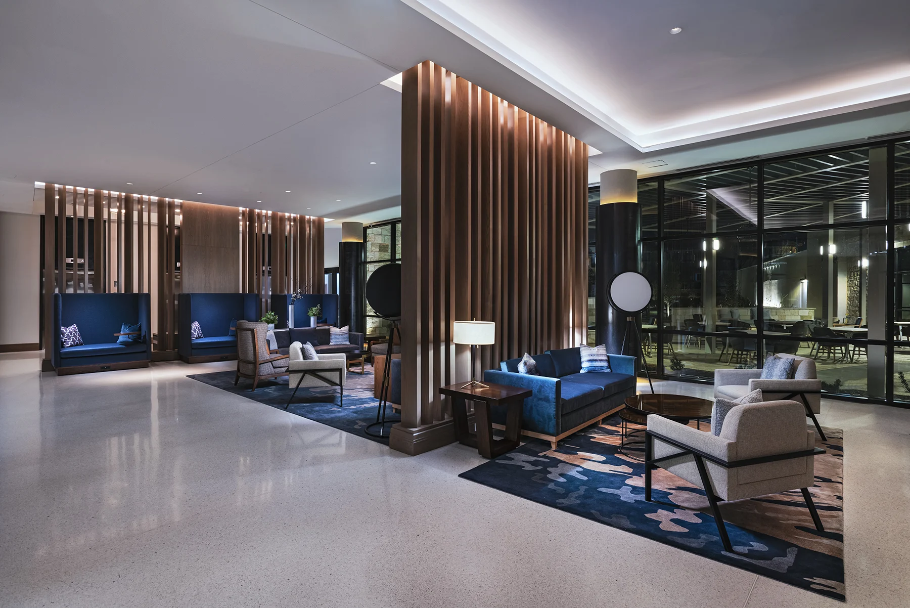 Lobby of hotel with mill artistic mill work and custom seating.