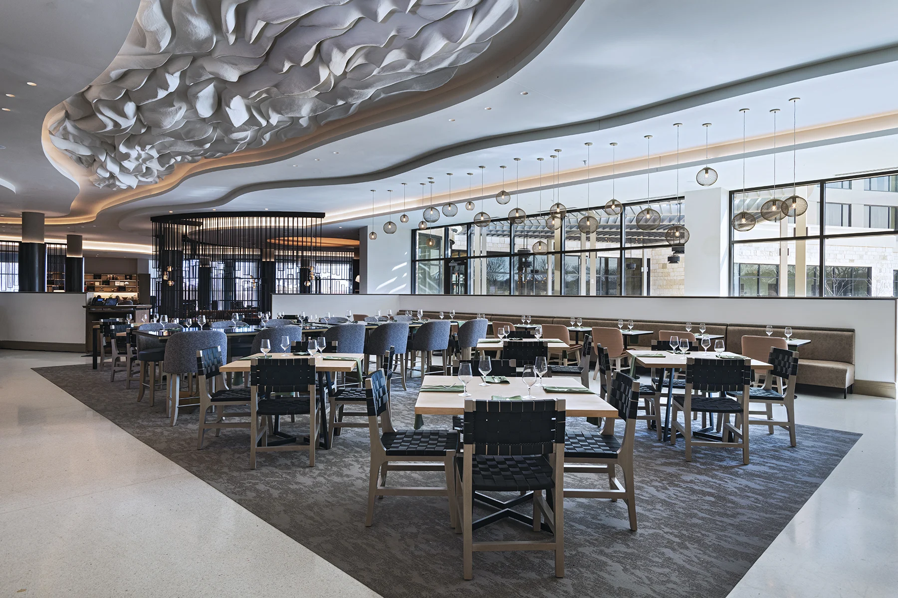 Dinning room for breakfast with impressive ceiling artwork and lighting