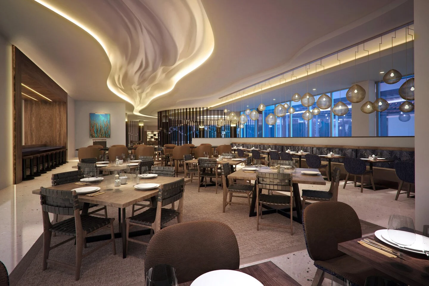 Dinning room in hotel with impressive light art in the ceiling