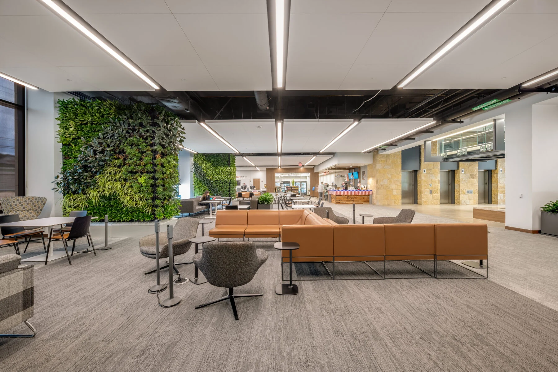 office space with foliage wall and lounge space