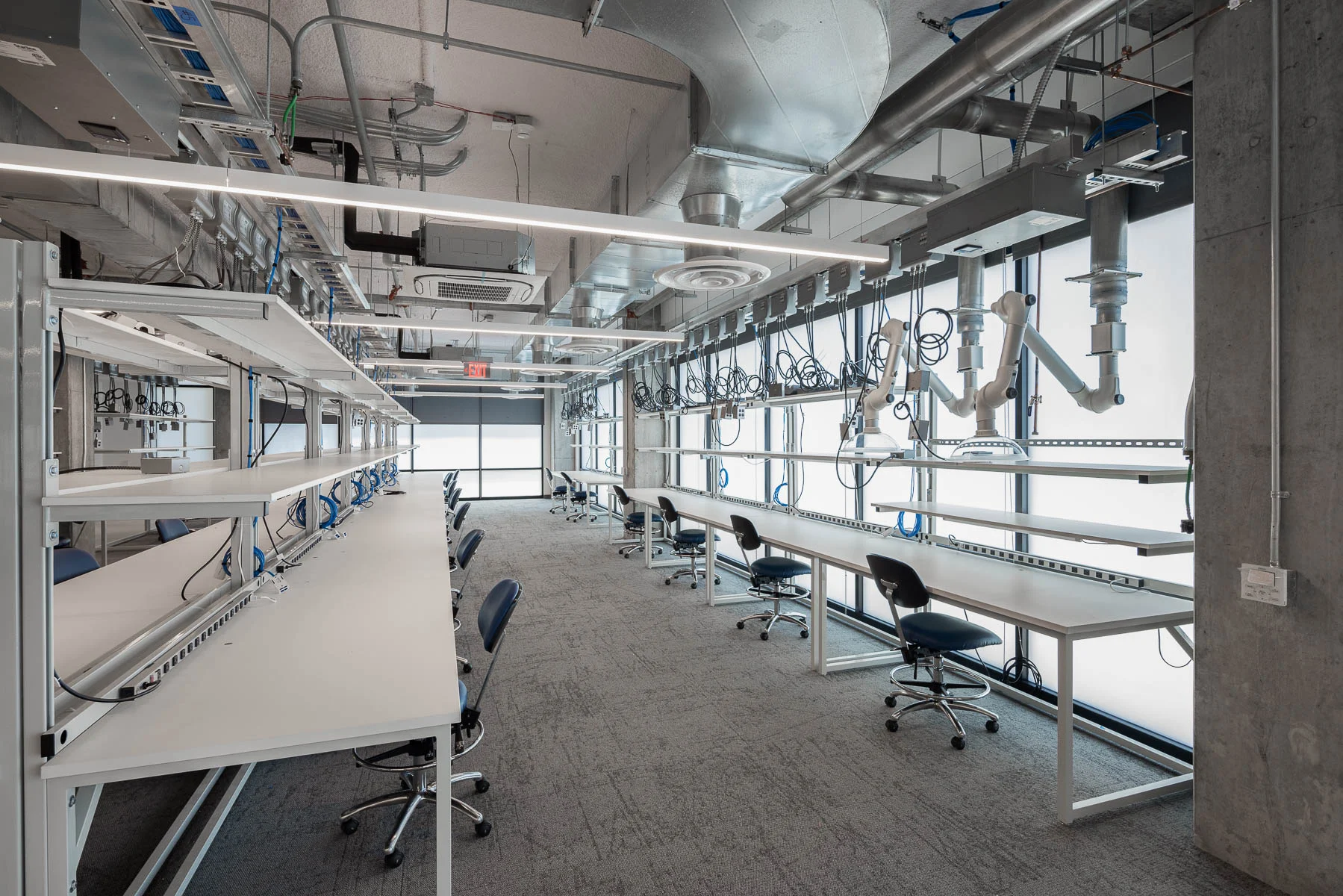 works spaces in advanced manufacturing lab facing open windows
