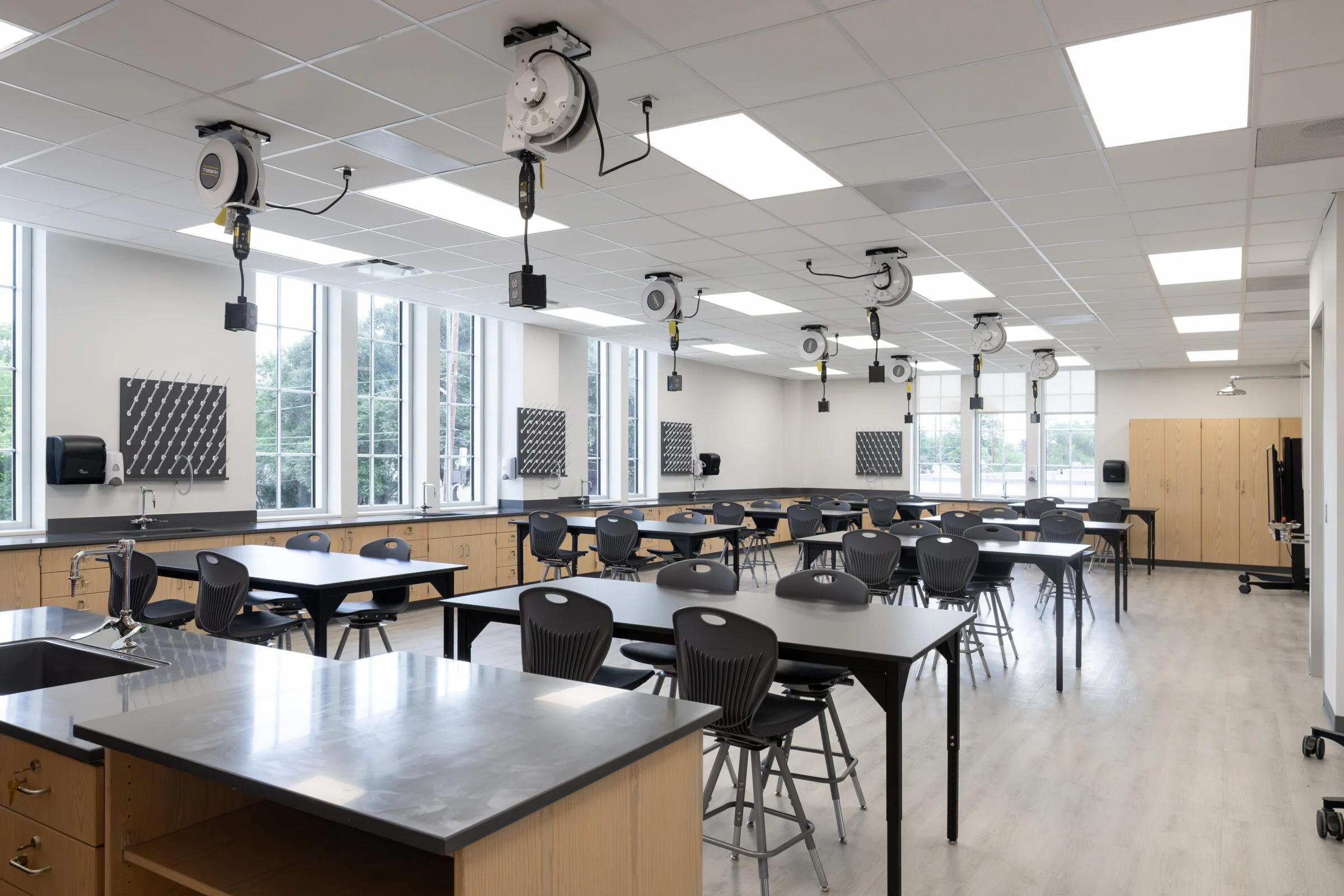 classroom with chargers in ceiling