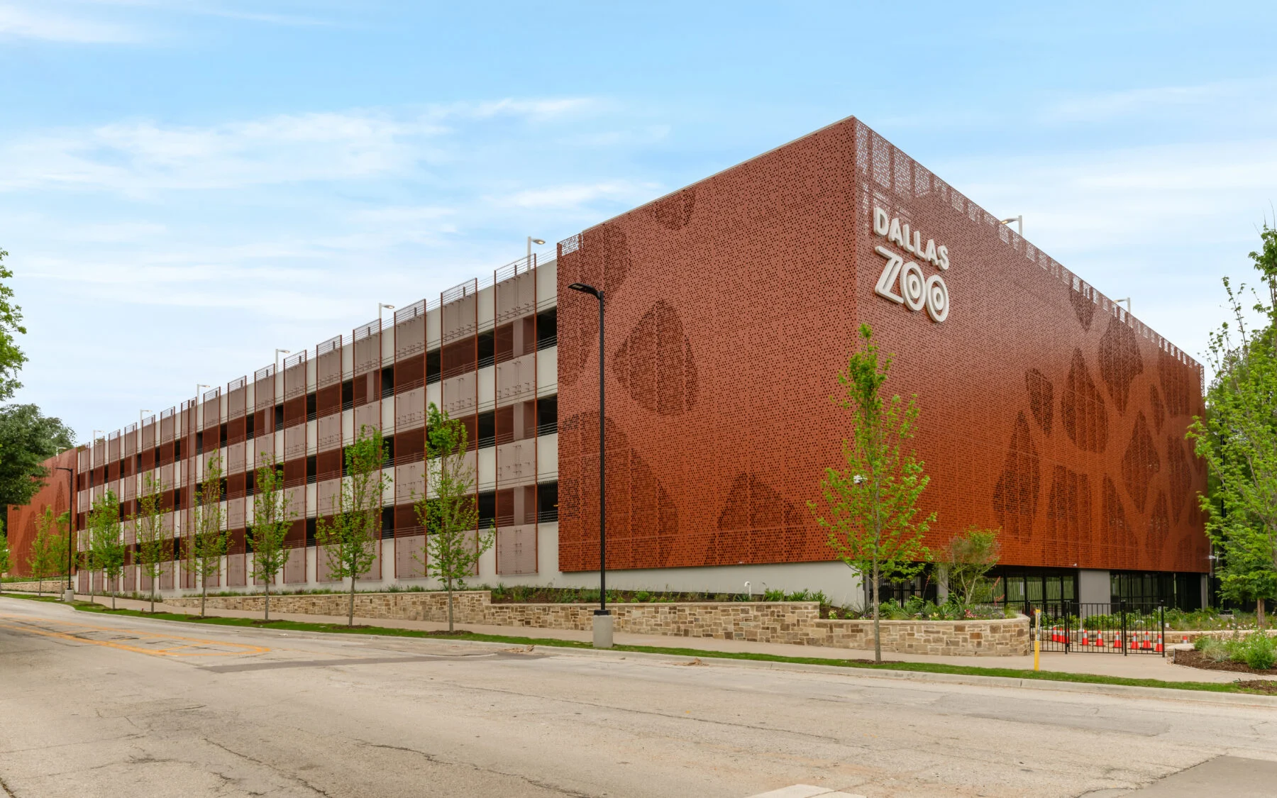 dallas zoo parking garage with giraffe pattern on metal