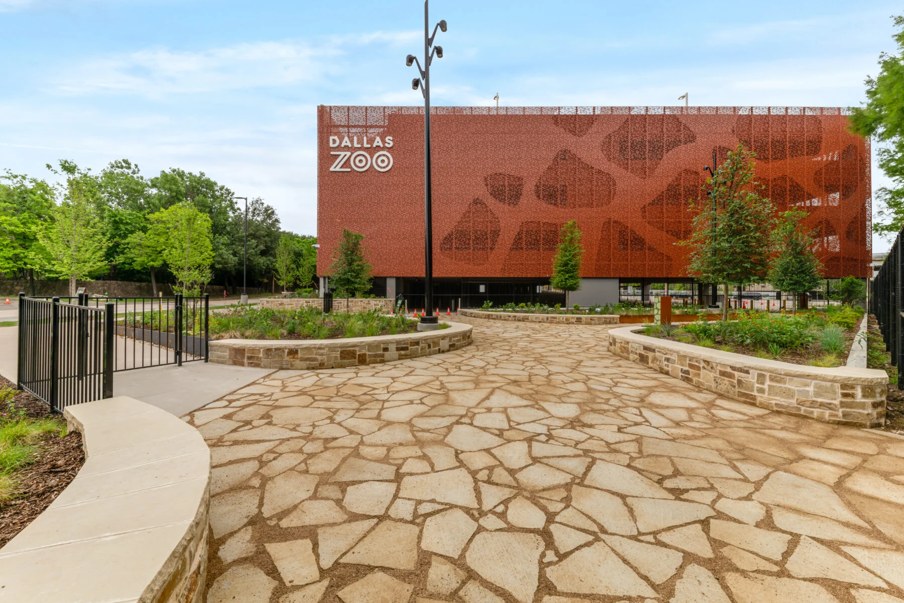 dallas zoo parking garage with giraffe pattern on metal