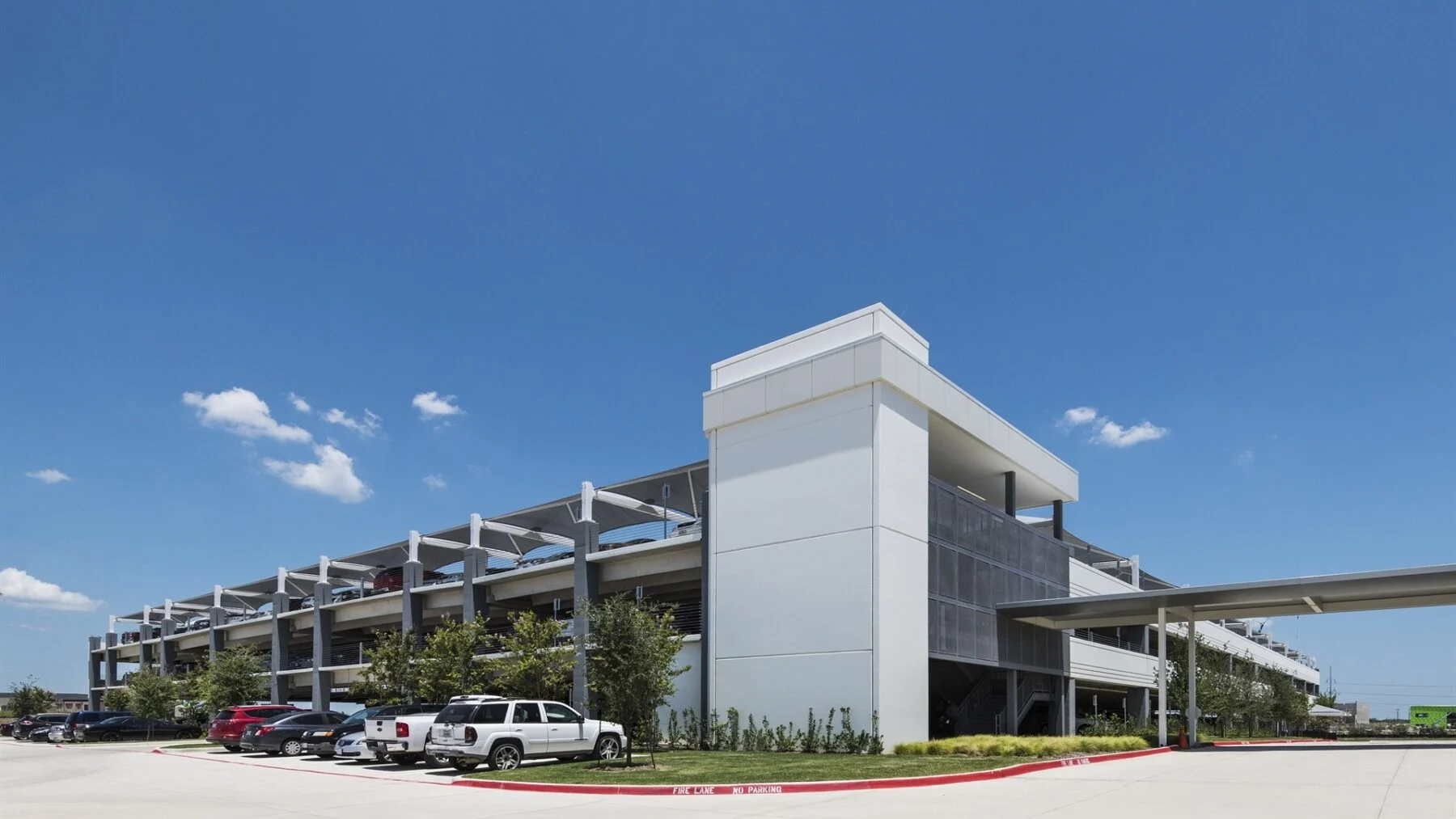 parking garage connected to larger office building