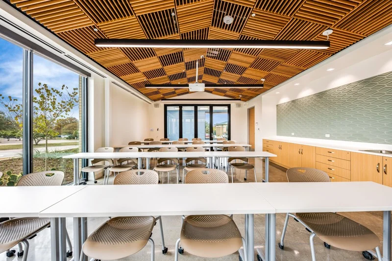 conference room with custom wood ceiling and floor to ceiling windows