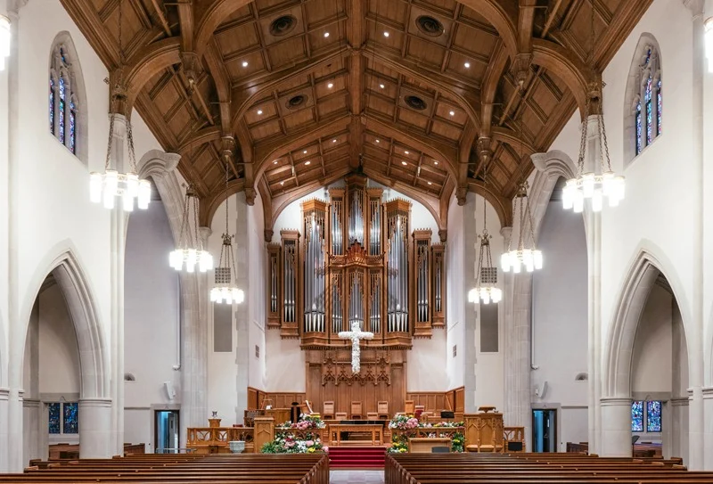 custom wood ceiling with organs and pipe in cathedral