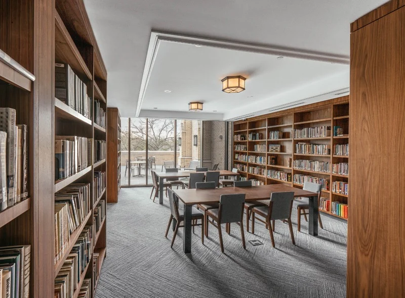 library space with custom wood cabinets