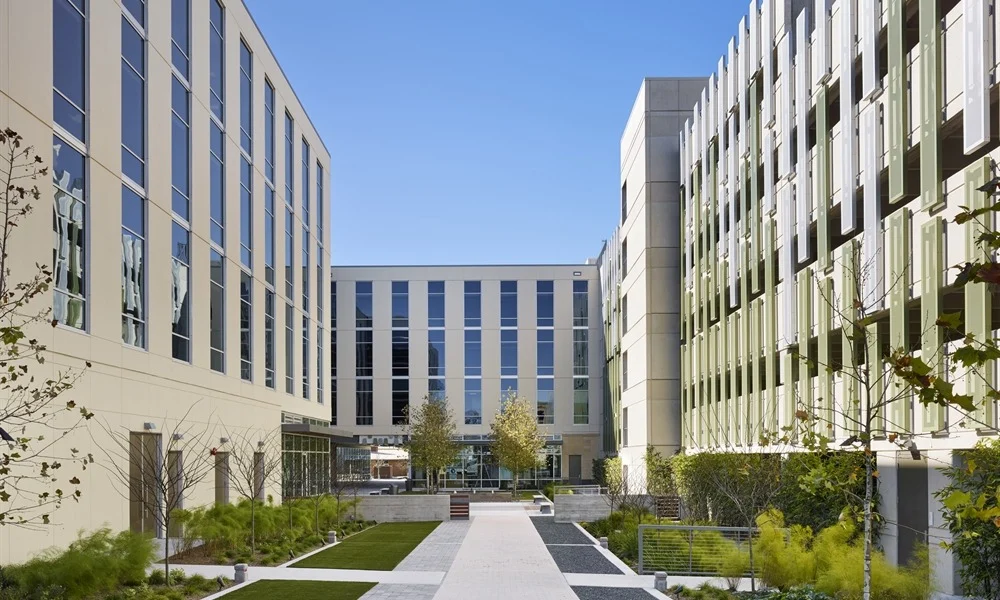 Landscaped central courtyard at Lamar Central on North Lamar Boulevard.