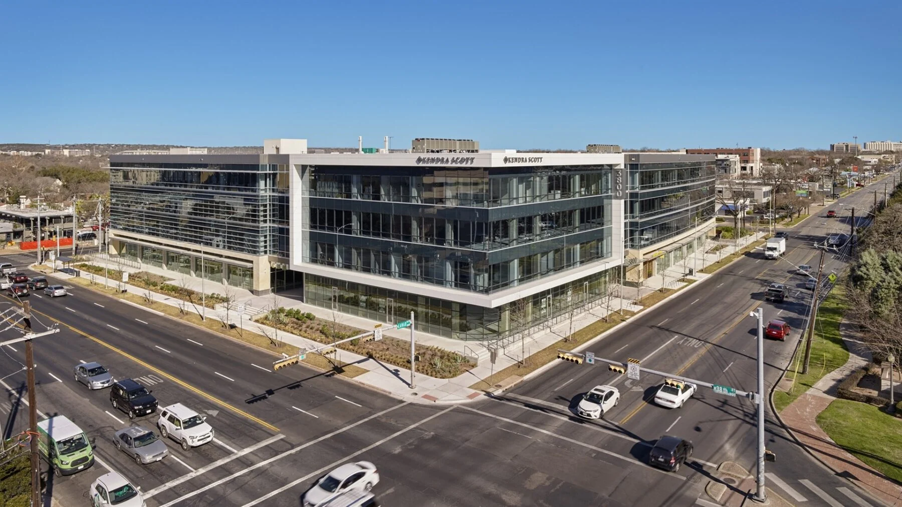 Floating glass corner of Lamar Central at North Lamar Boulevard and 38th Street.