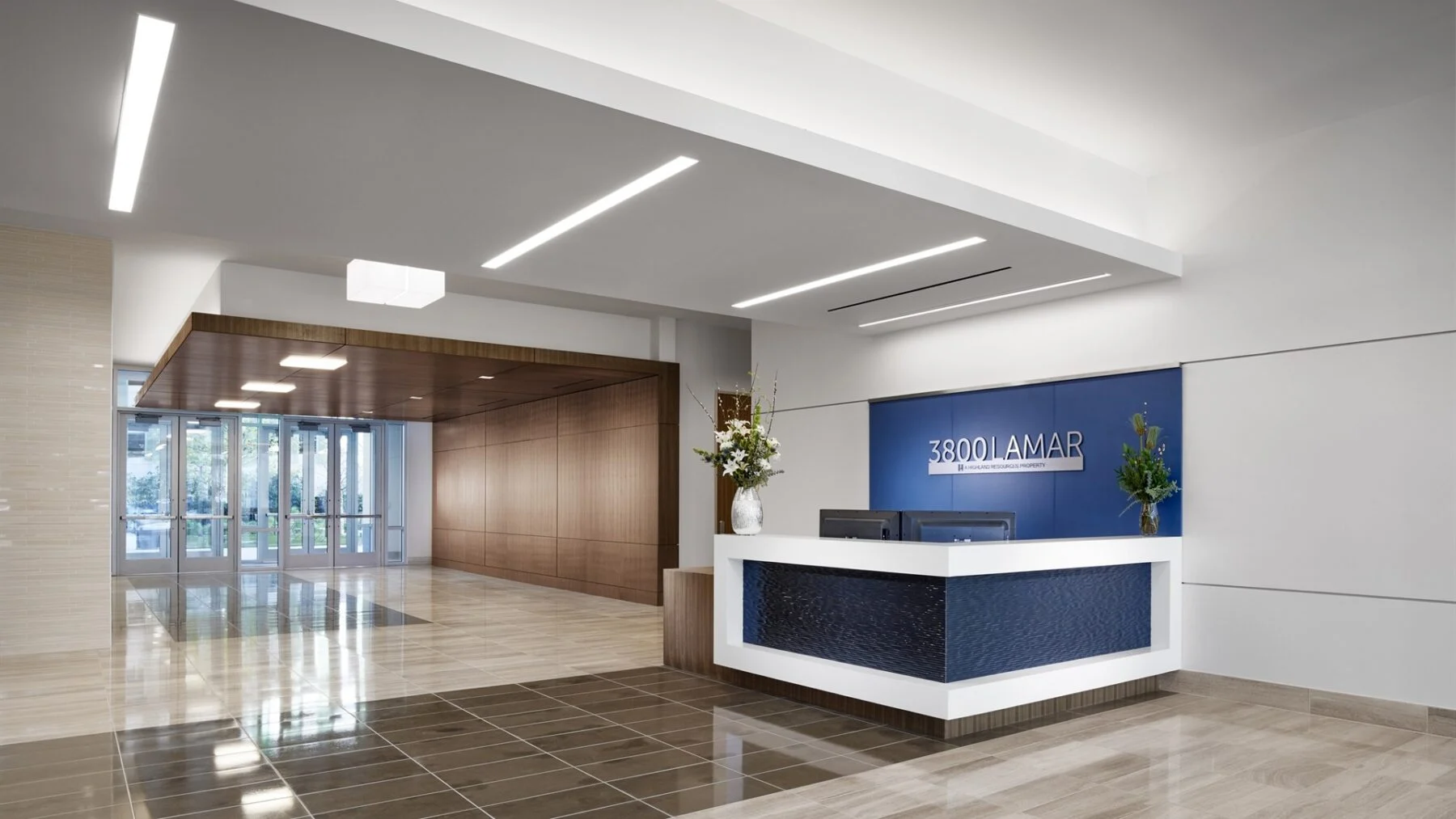 Modern office lobby inside Lamar Central in Austin.