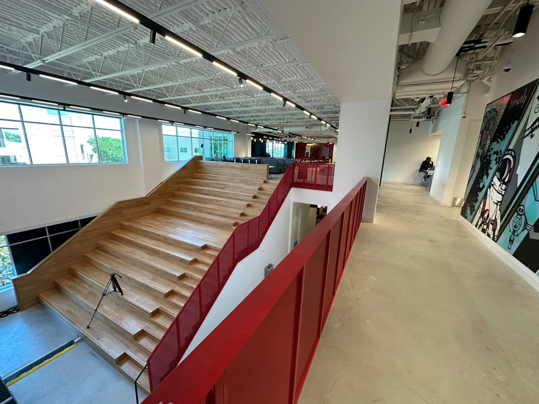 custom wood staircase with room for lounging