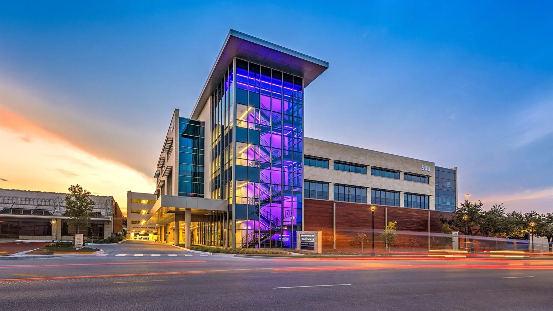 four story medical office building with custom light up stair case