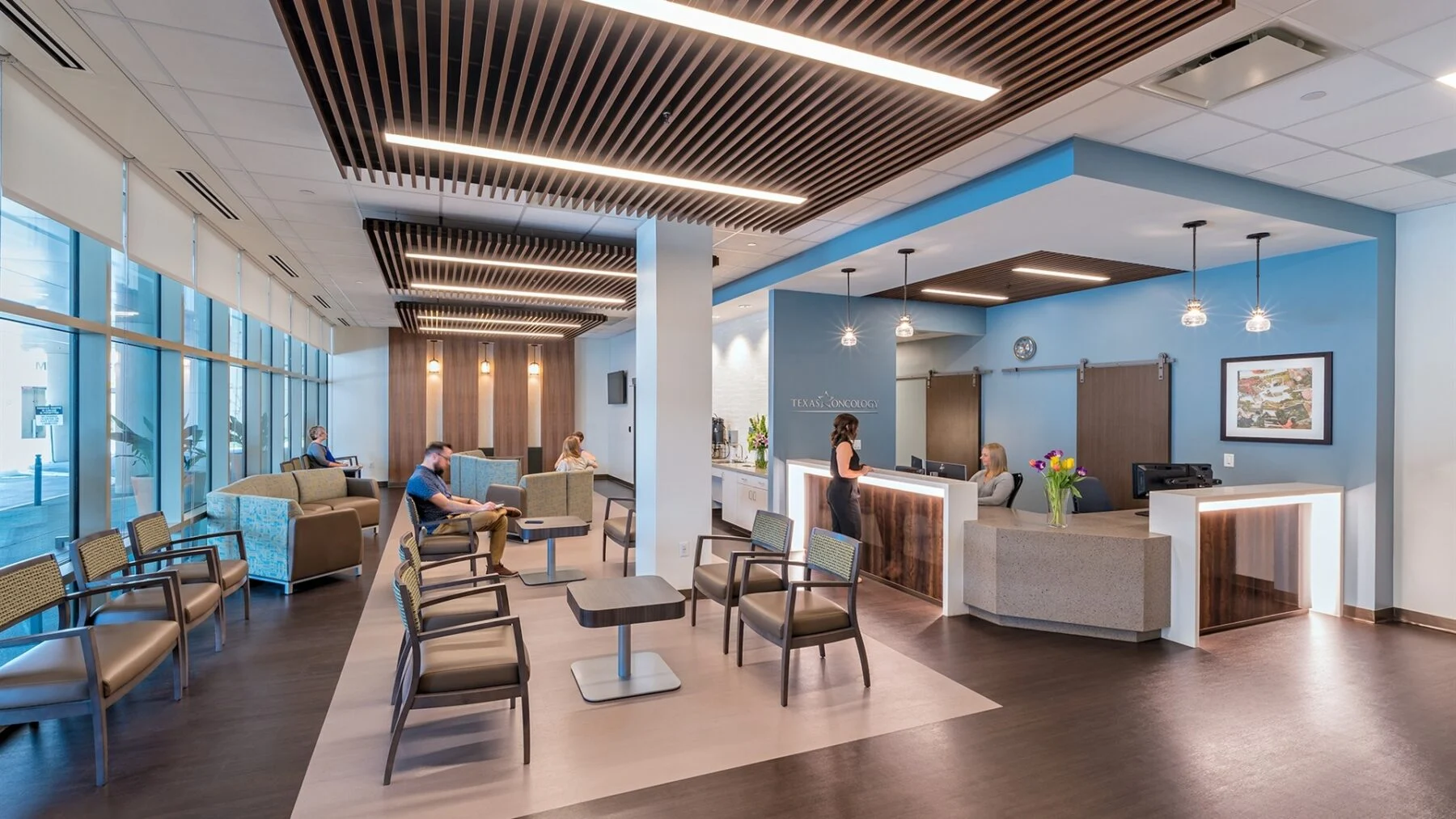lobby and welcome space with wood ceiling