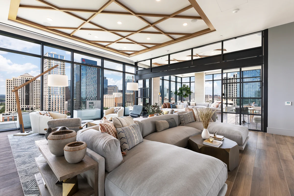 community gathering space with views of city