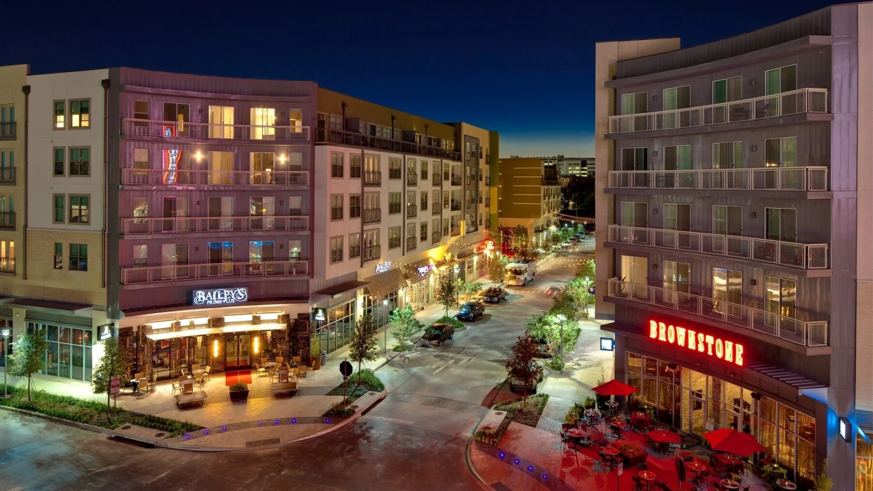 multiple retail and restaurants with multifamily high rise