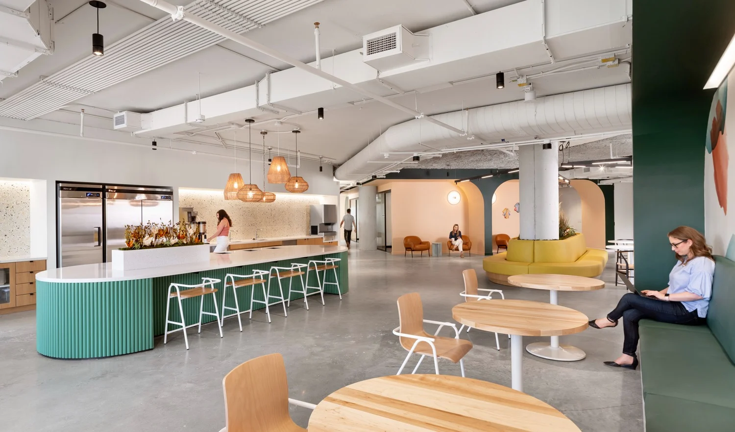 kitchen space with green bar and dining
