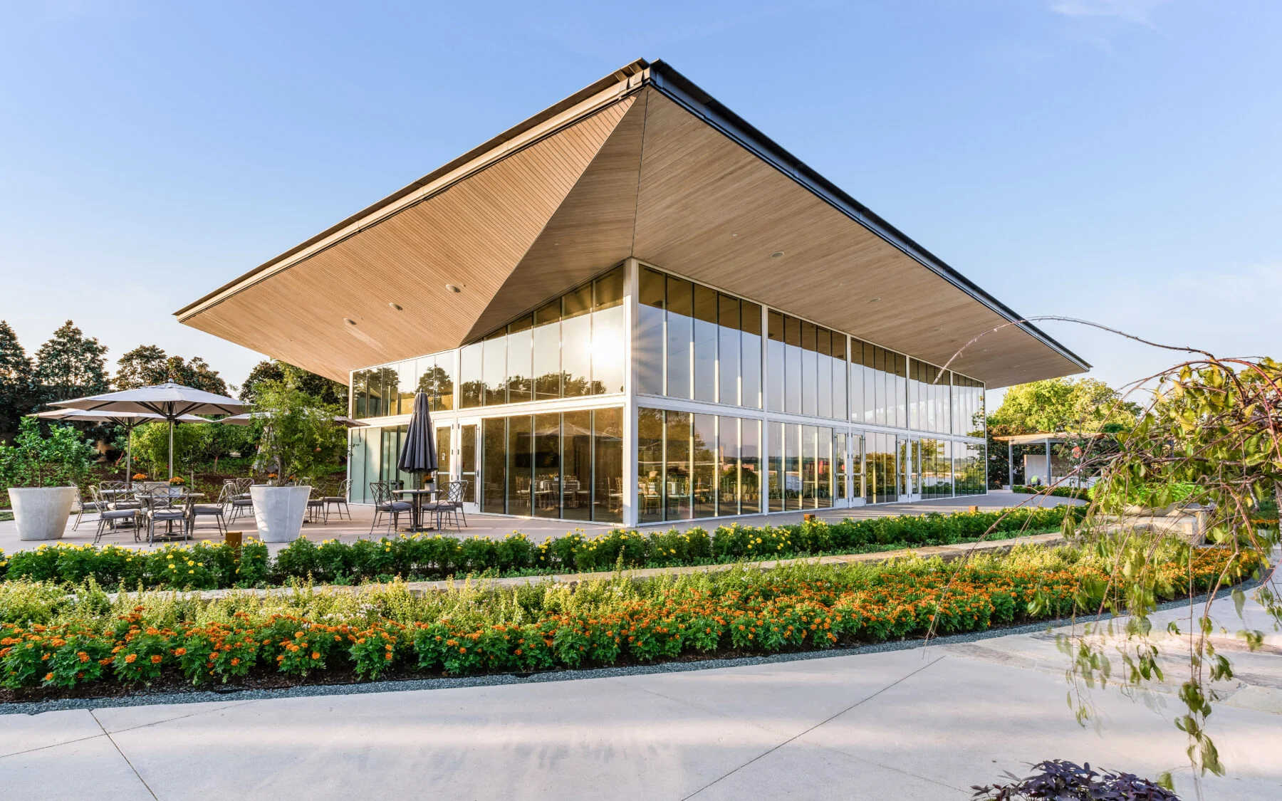 exterior glass and angled roof of restaurant