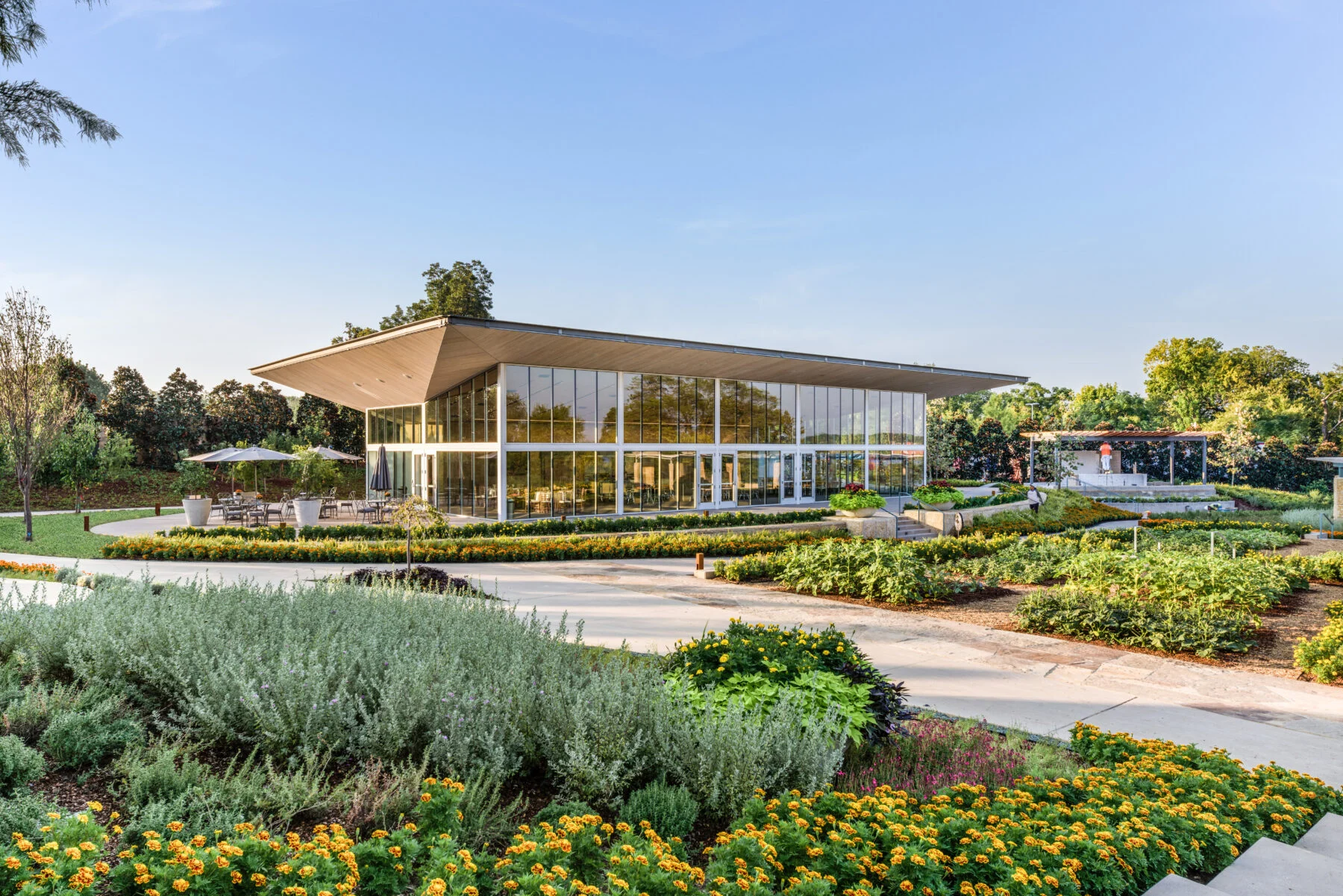 exterior glass and angled roof of restaurant