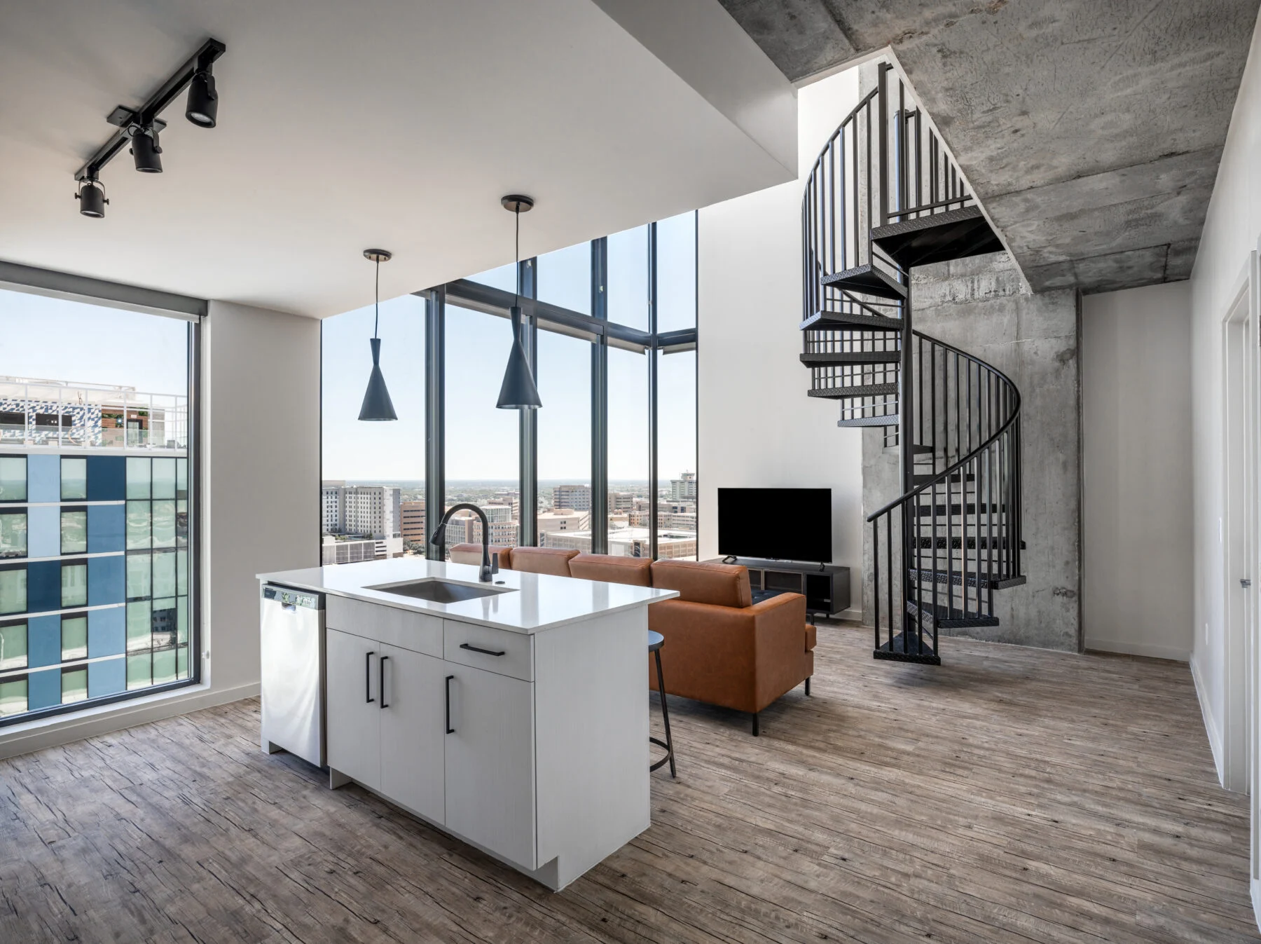 two story student housing with spiral staircase