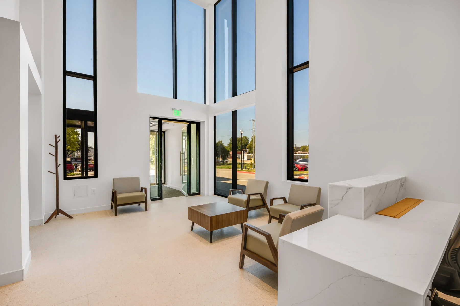 waiting area with tall windows