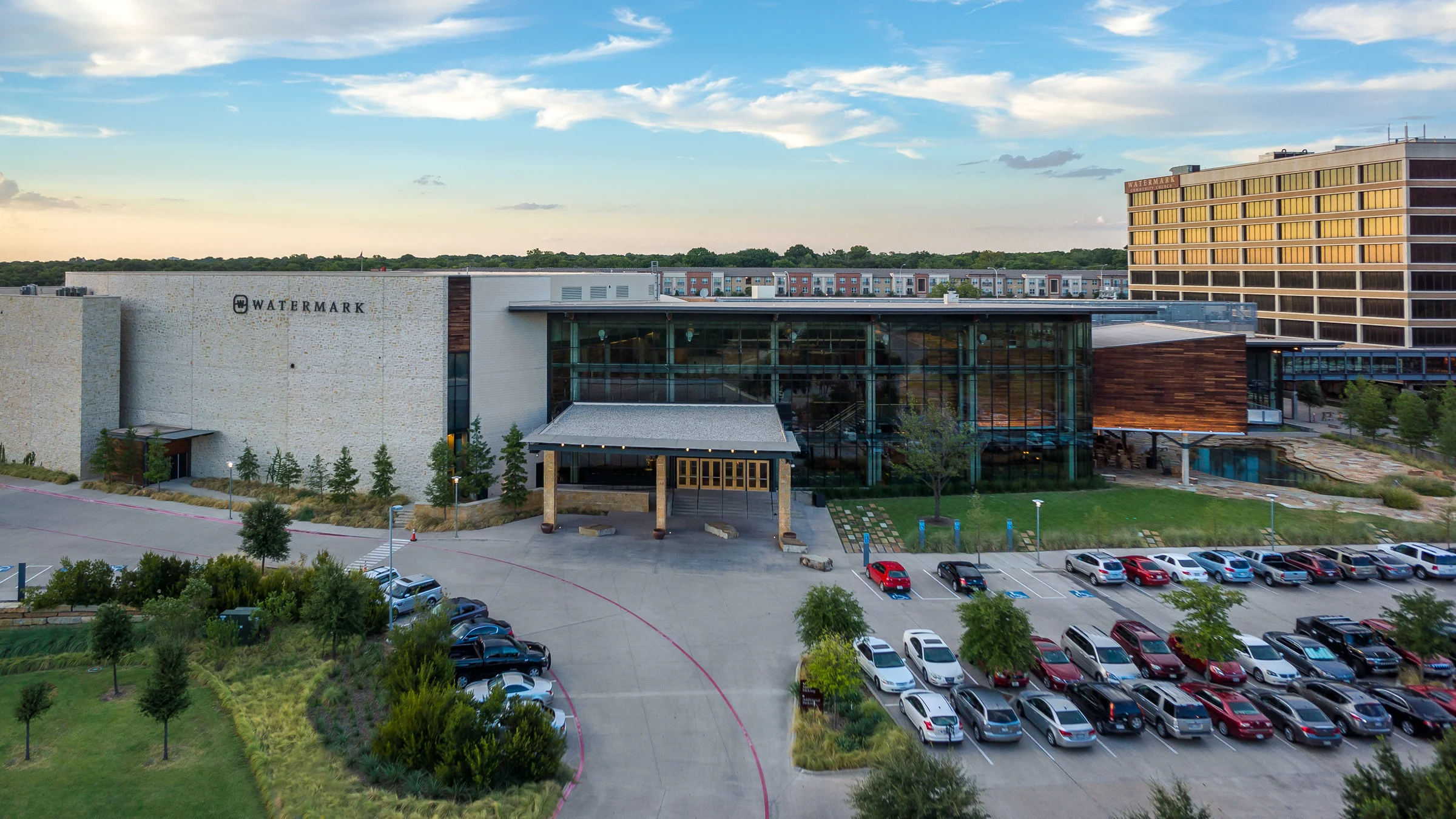 Watermark Community Church worship center and renovated office tower on the church’s Dallas, Texas, campus.