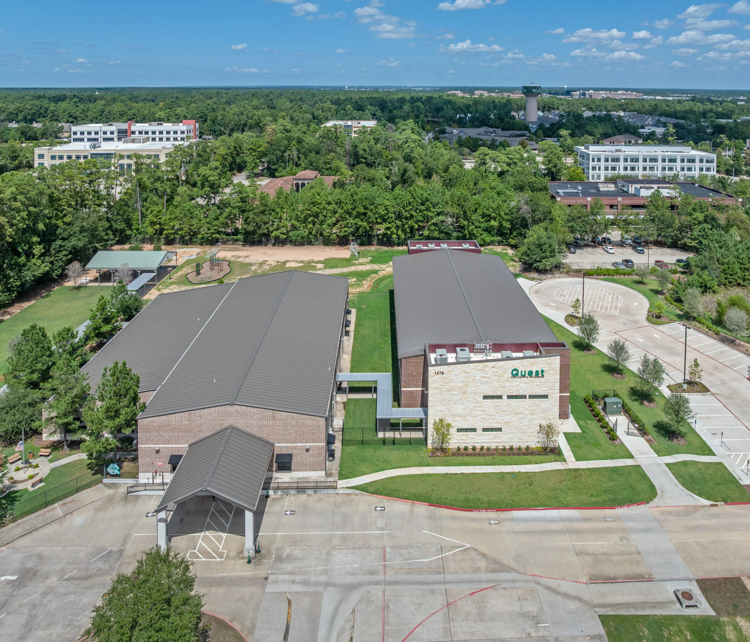 Aerial view of existing school and new addition of the Quest Collegiate Shenandoah