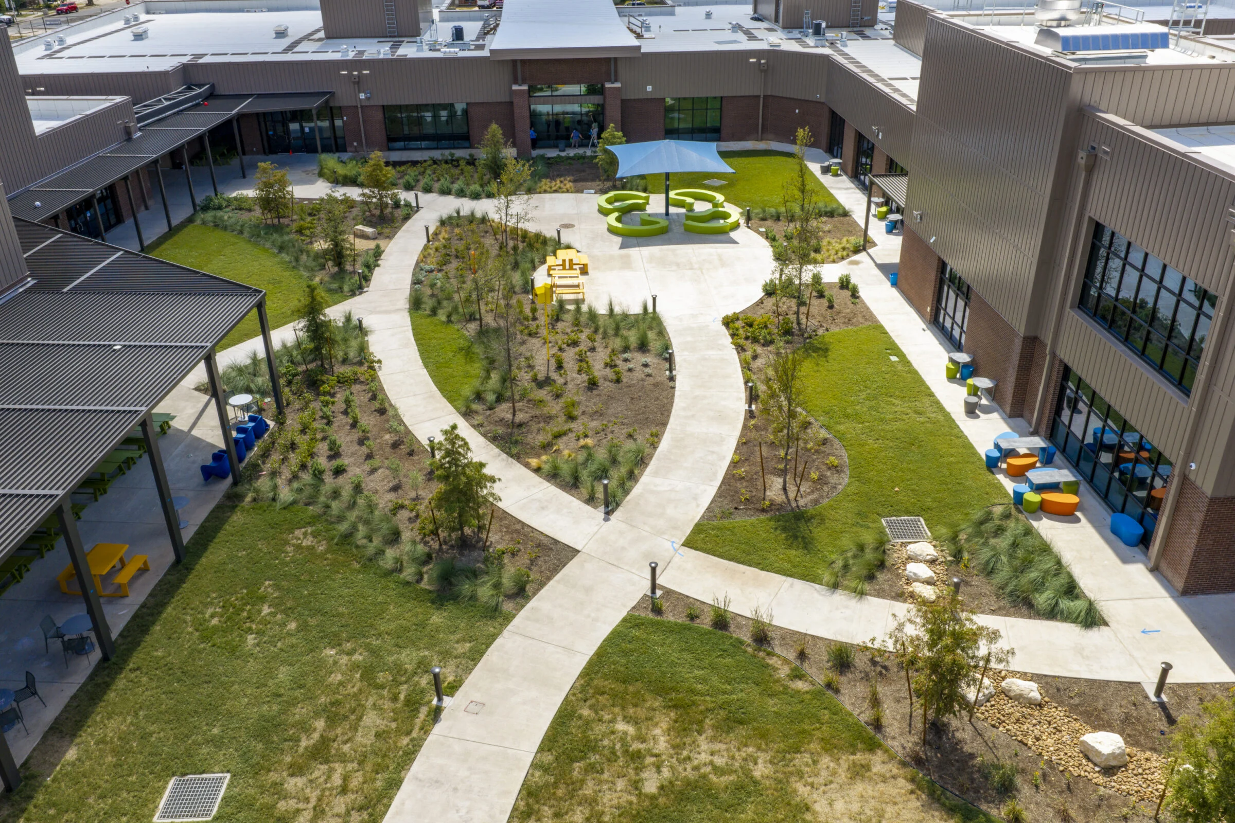 Aerial of courtyard connecting buildings for elementary school
