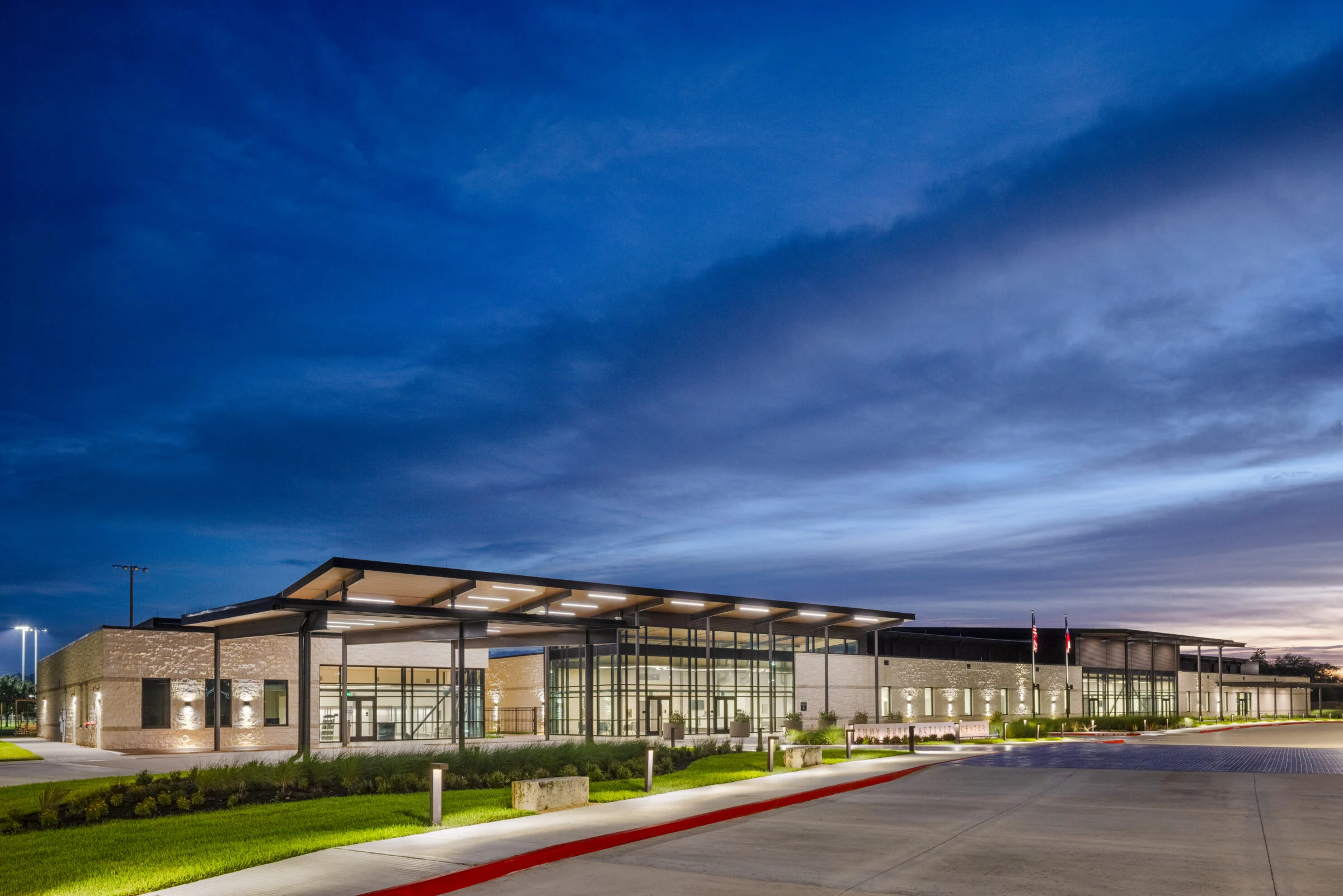 Jimmy Burke Activity center exterior at night.
